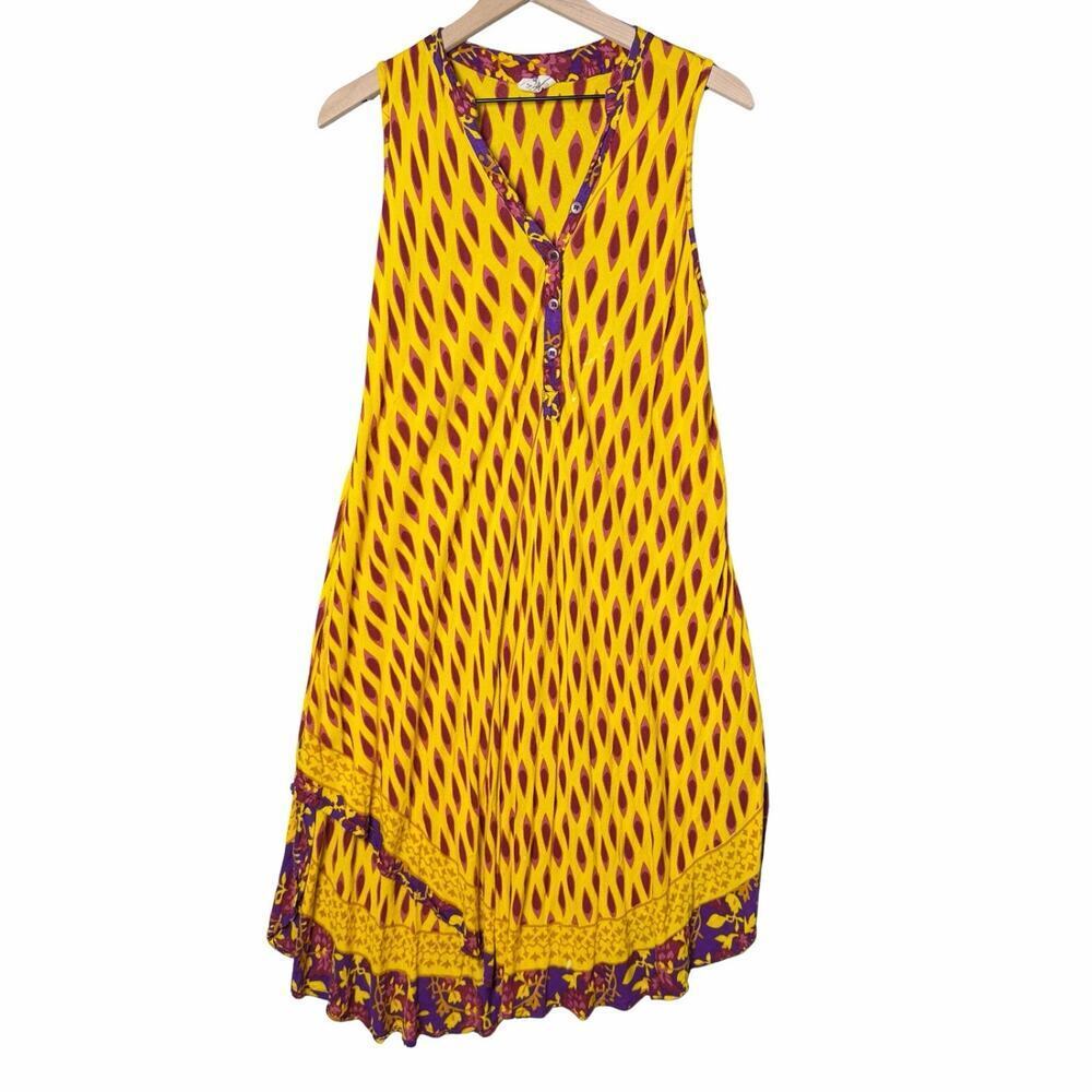 Seven Islands Yellow Floral Purple Trim Sleeveless Midi Dress Women’s Size M